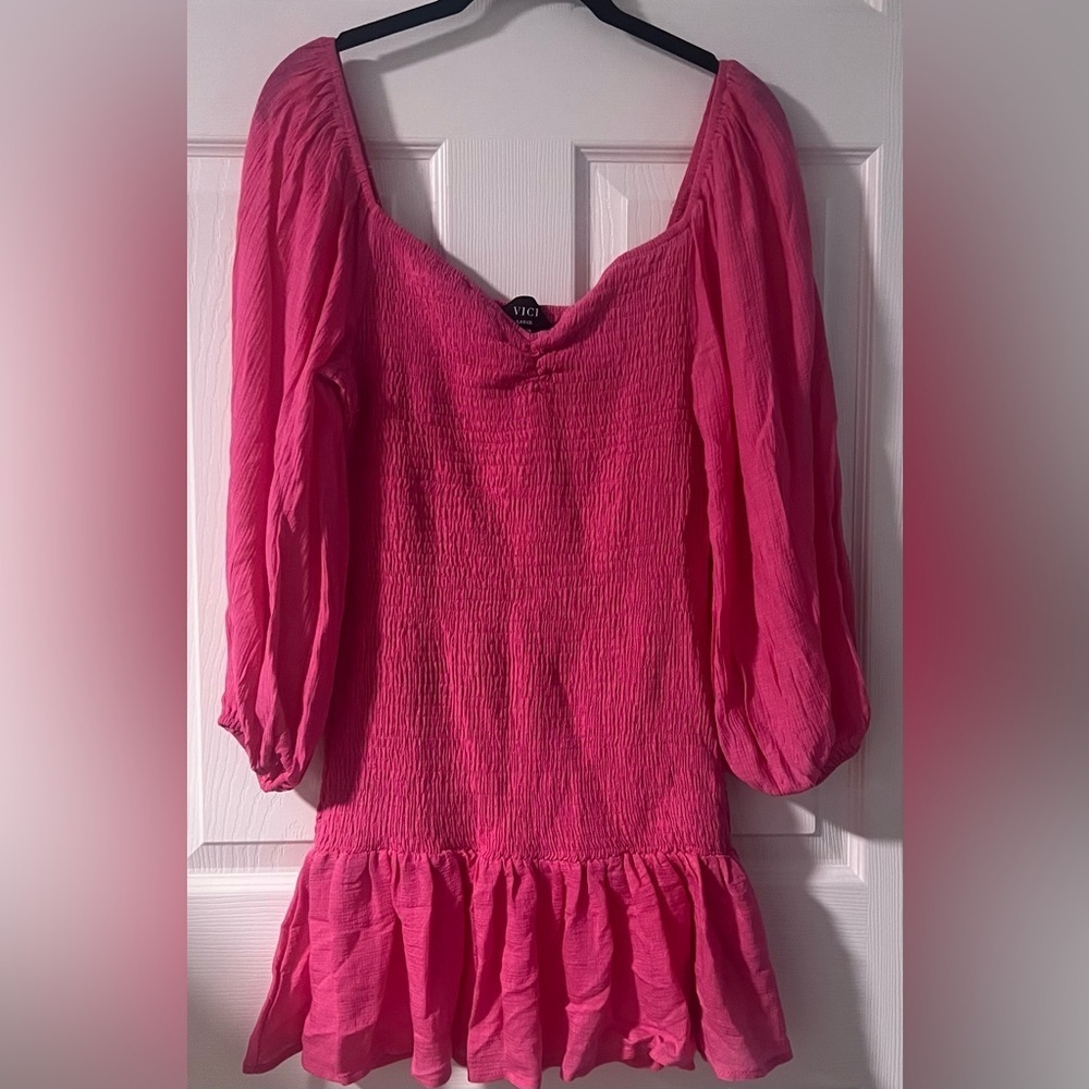 Vici Pink Smocked 3/4 Sleeved Dress with Ruffled Bottom